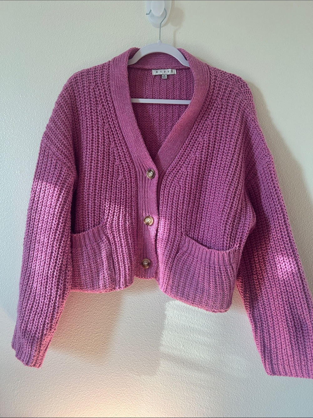 HYFVE - Boxy Pink Knit Cardigan Sweater